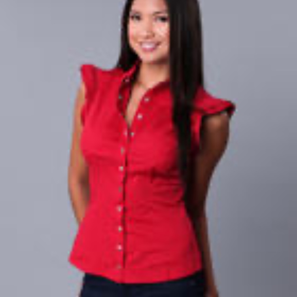 Dereon Y2K Red Poplin Stretch Snap Front Ruffle Sleeve Top Shirt L
